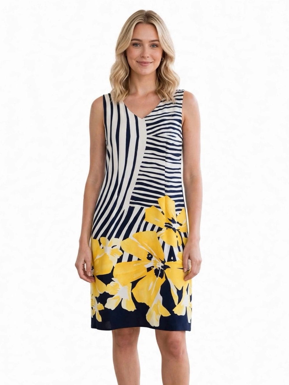 Striped & Yellow Floral V-Neck Dress
